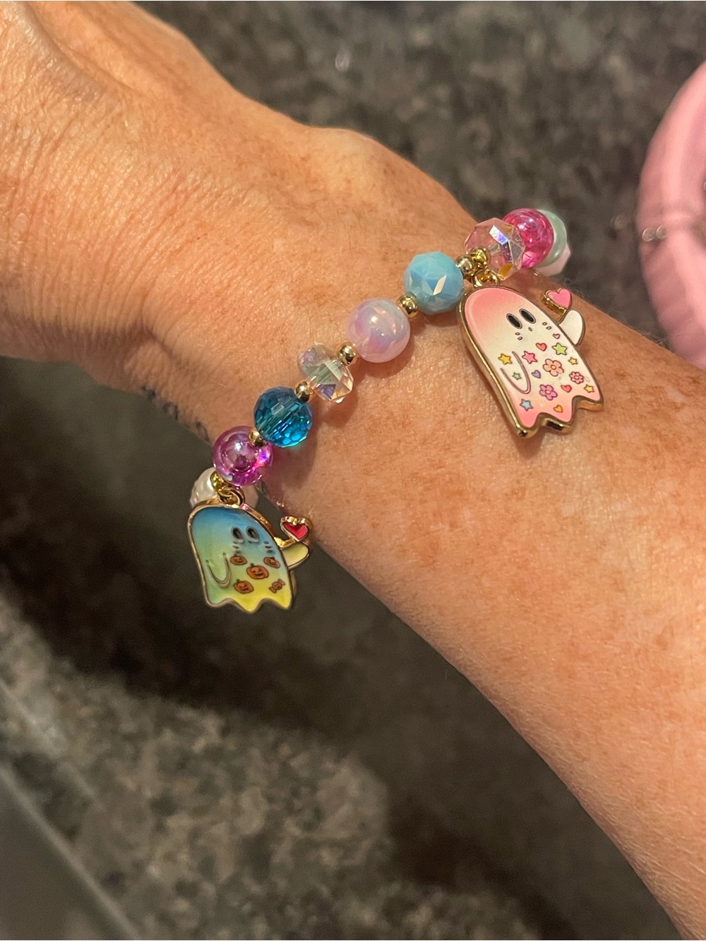 ONE OF A KIND - HandCrafted Pastel Rainbow Ghost Charm Glass Beaded Bracelet